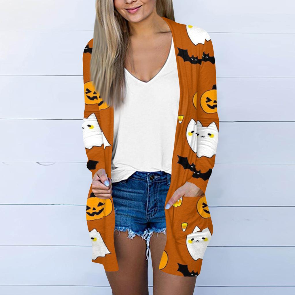 Женская модная повседневная куртка-кардиган средней длины с длинным рукавом и принтом на Хэллоуин