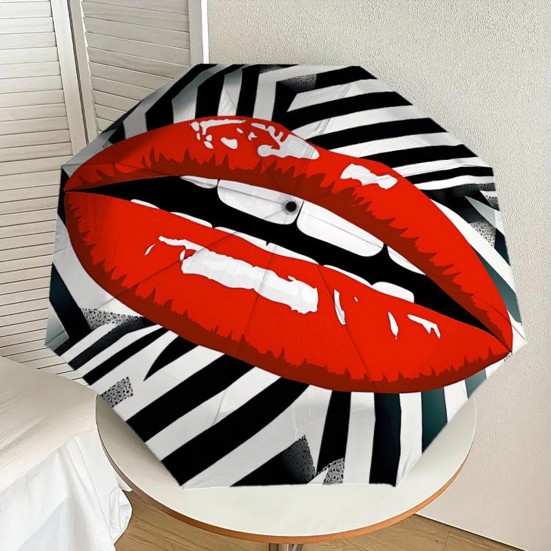 1pc Lips Stripes Automatic Open/Close Umbrella with Windproof, 8-Rib Sturdy Canopy, Durable Ribs, Fashionable Design1209A