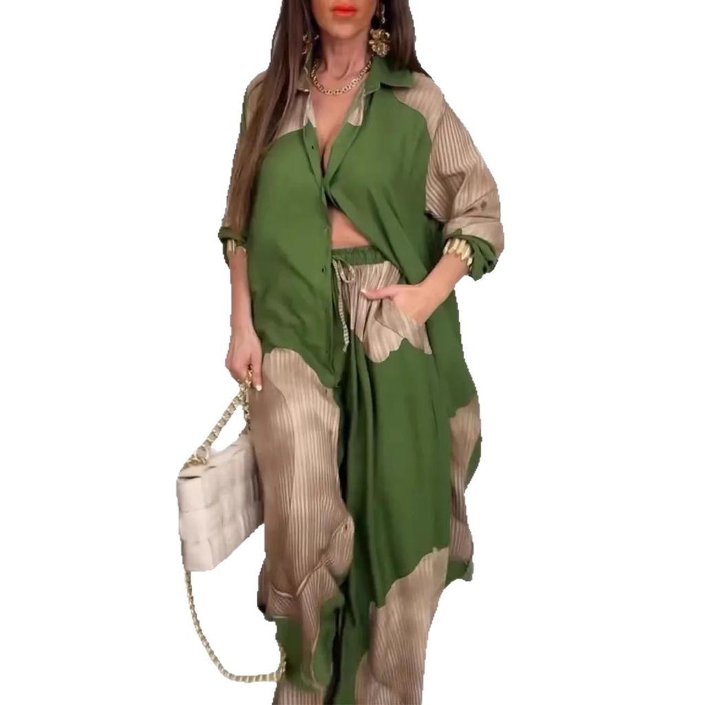 Женский комплект из длинной рубашки свободного кроя и брюк широкого кроя, повседневный костюм-двойка бежевого цвета с серым узором