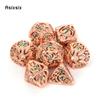 7 Pcs Golden Green Skull Metal Dice Hollow Metal Polyhedral Dice Set Suitable for Role-Playing RPG Board Game Card Game