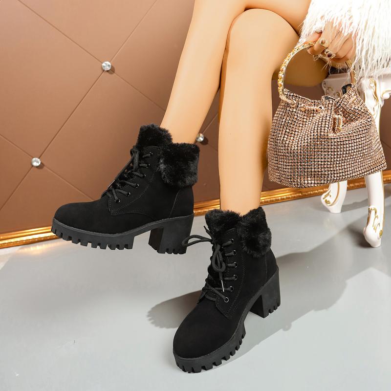 Теплые Пушистые Меховые Черные Ботильоны Женские 2025 Зимние Нескользящая Толстая Подошва Зимние Ботинки Массивная Платформа Высокий Каблук Обувь для Женщин