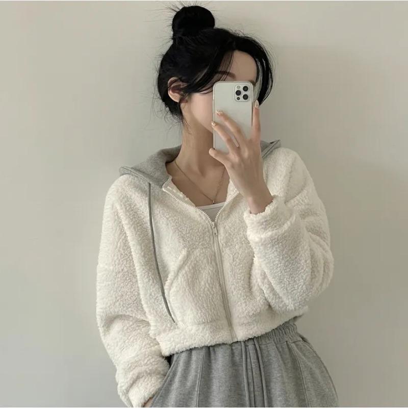 Короткое пальто из овечьей шерсти для женщин, весна и осень, новый корейский стиль, свободный утолщенный бархатный кардиган с капюшоном на молнии