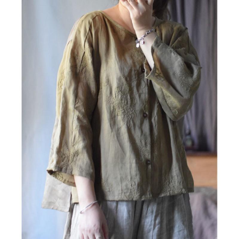 Johnature Женские винтажные вышитые цветочные рубашки с круглым вырезом, семь рукавов, пэчворк, цветные, китайский стиль, осенние свободные рубашки