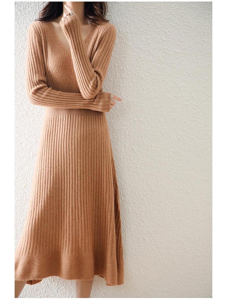 Women's Pure Wool V-Neck Ribbed Knit Dress: Slim, A-Line, Warm Autumn/Winter Sweater Skirt.