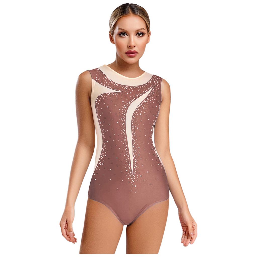 Womens Gymnastics Leotard Sleeveless Back Hollow Out Mesh Patchwork Rhinestone Bodysuit One-piece Dancewear