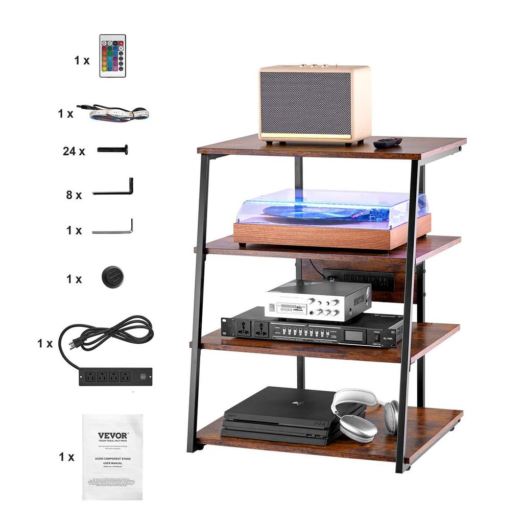 4-Tier AV Media Stand with Power Strips Wooden Corner TV Stand with LED