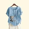 Женская свободная льняная блузка-пуловер, женская повседневная футболка с круглым вырезом и принтом кота, летняя модная футболка с короткими рукавами