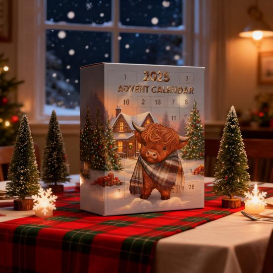 Адвент-календарь с шотландской коровой, складной 24-дневный календарь обратного отсчета до Рождества, украшения с шотландской коровой для дома, фермерский декор, детский праздничный подарок