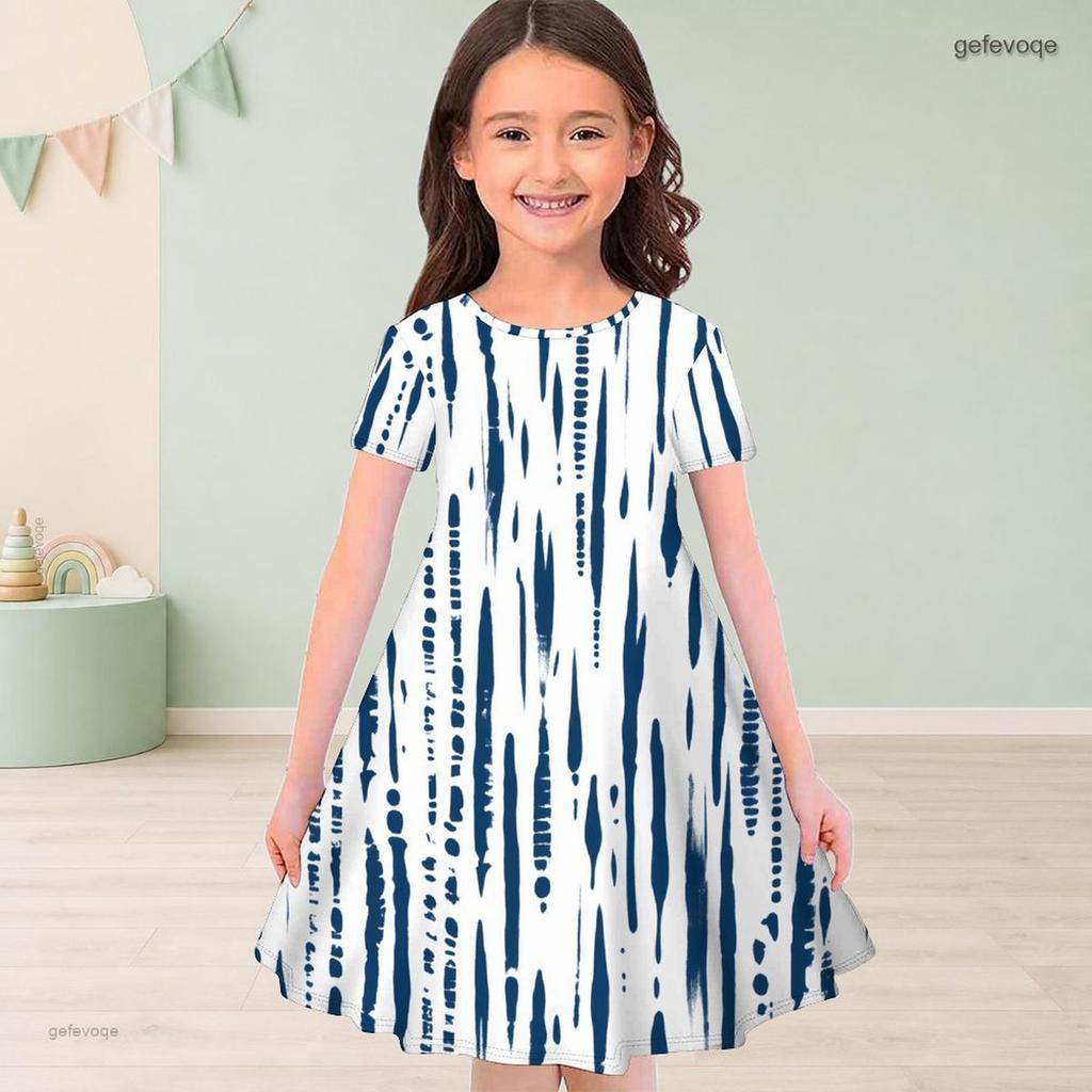 Girls Round Neck Short Sleeve Blue White Printed A Line Flared Dress