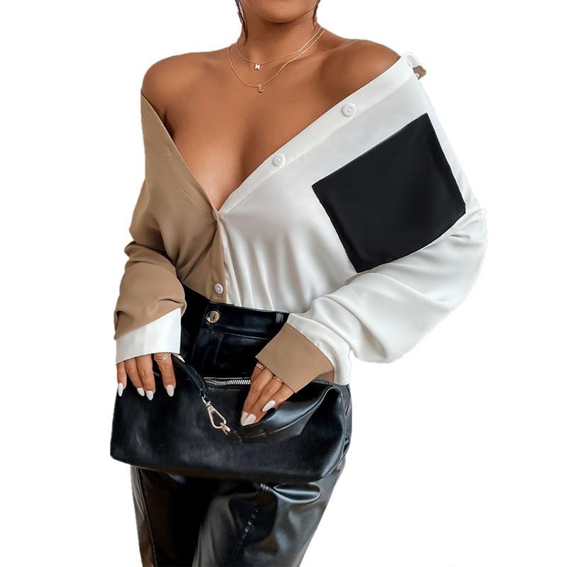 Long Sleeve Elegant Shirt Blouse White Black Button Vintage Turn Down Collar Office Ladies Shirt Casual Color Block Shirts