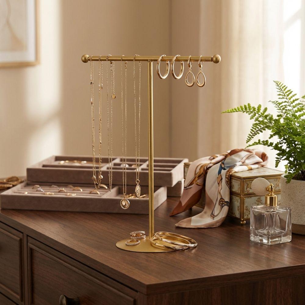 Round Base T-Shaped Stand Metal Frame Jewelry Storage Rack Jewelry Display Stand Window Showcase
