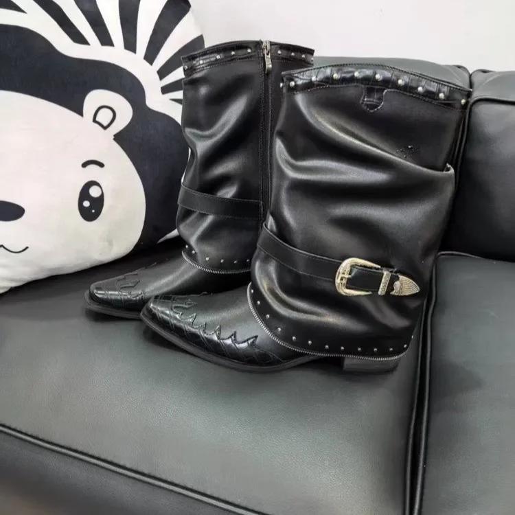 Новые готические ковбойские сапоги 2025 года для женщин, с острым носком, заклепками и пряжками, на массивном каблуке, винтажные женские сапоги до середины икры