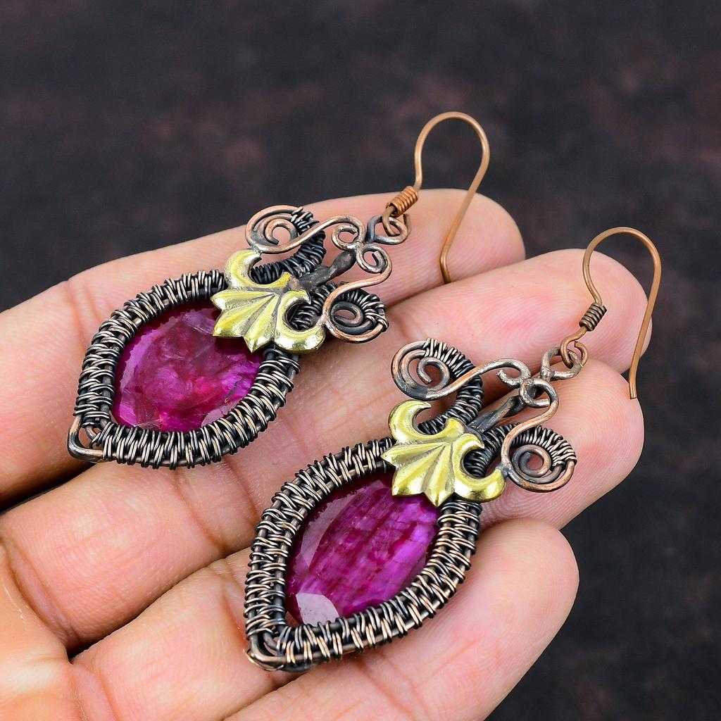 Граненые кашмирские рубиновые серьги, серьги из медной проволоки, кашмирские рубиновые украшения, серьги ручной работы с драгоценными камнями, подарок на помолвку, ювелирные изделия из медной проволоки