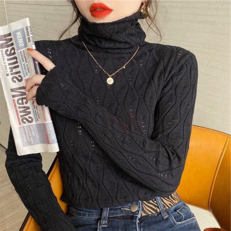 New Turtleneck Long Sleeved Fashion Pullover Sweater Pile Collar Women Basic Shirt Autumn Winter Inner Hollow Out Knitted Sweaters Slim Fit Thin Top