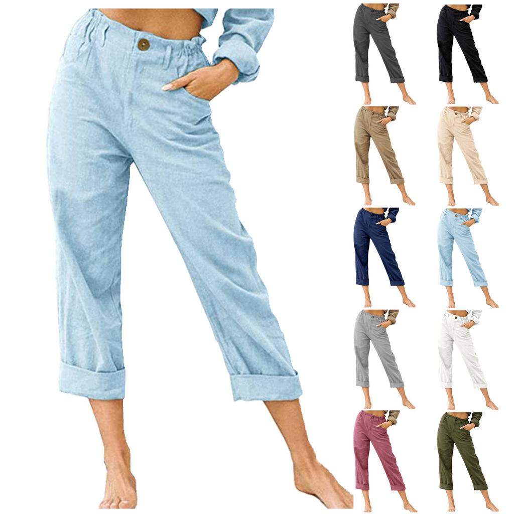 Women's Summer Casual Cotton Linen Elastic Waist Pants Daily Fashion Comfy Pants