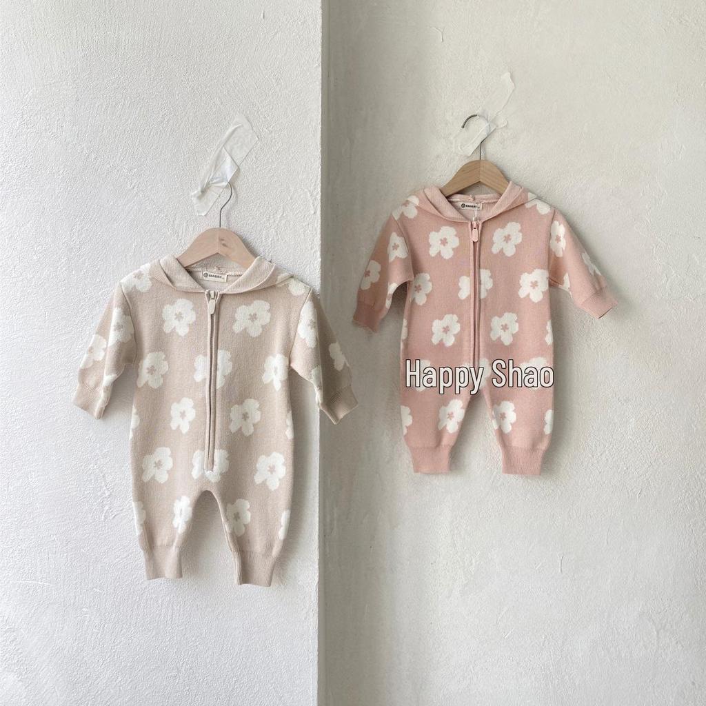 Детский вязаный комбинезон-свитер унисекс с капюшоном на молнии с цветочным принтом и длинными рукавами - идеальный вариант для ползания осенью и зимой.