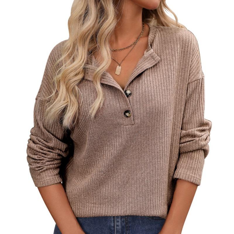 Women's Autumn and Winter Loose Casual Pit Strip Long Sleeve Button T-shirt Top