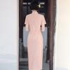Pink Floral Brocade Cheongsam Dress Women Vintage Slim Fit Short Sleeve 2025