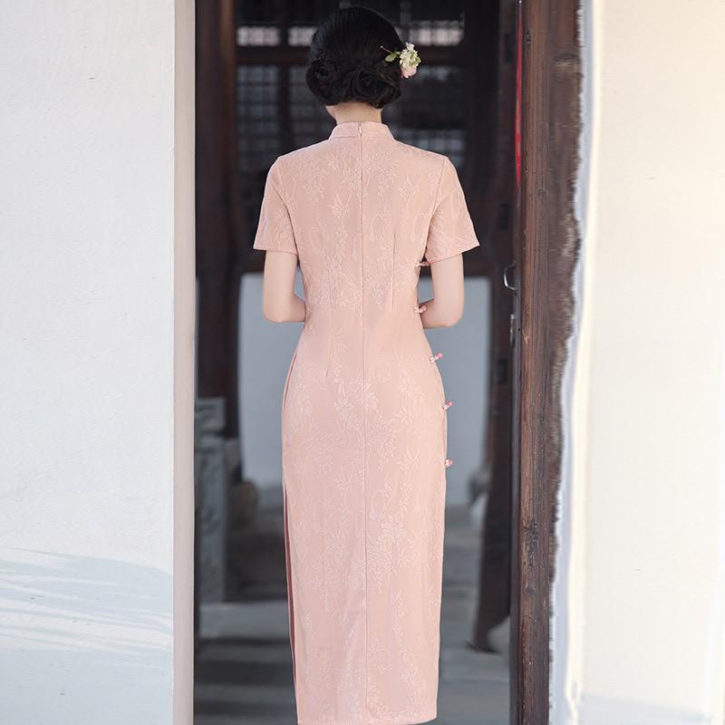Pink Floral Brocade Cheongsam Dress Women Vintage Slim Fit Short Sleeve 2025