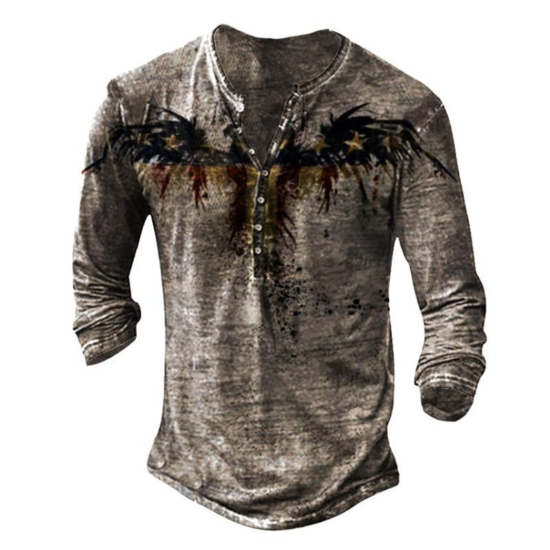 Мужская винтажная рубашка henley с длинным рукавом - Ретро-футболка с графическим принтом и пуговицами