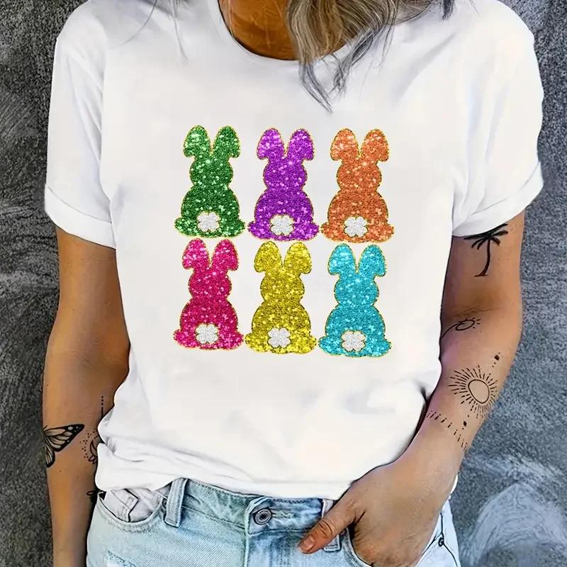 Футболка с графическим принтом в виде пасхального кролика, повседневный топ с круглым вырезом для лета, женская одежда, футболки с короткими рукавами и рисунком из мультфильмов