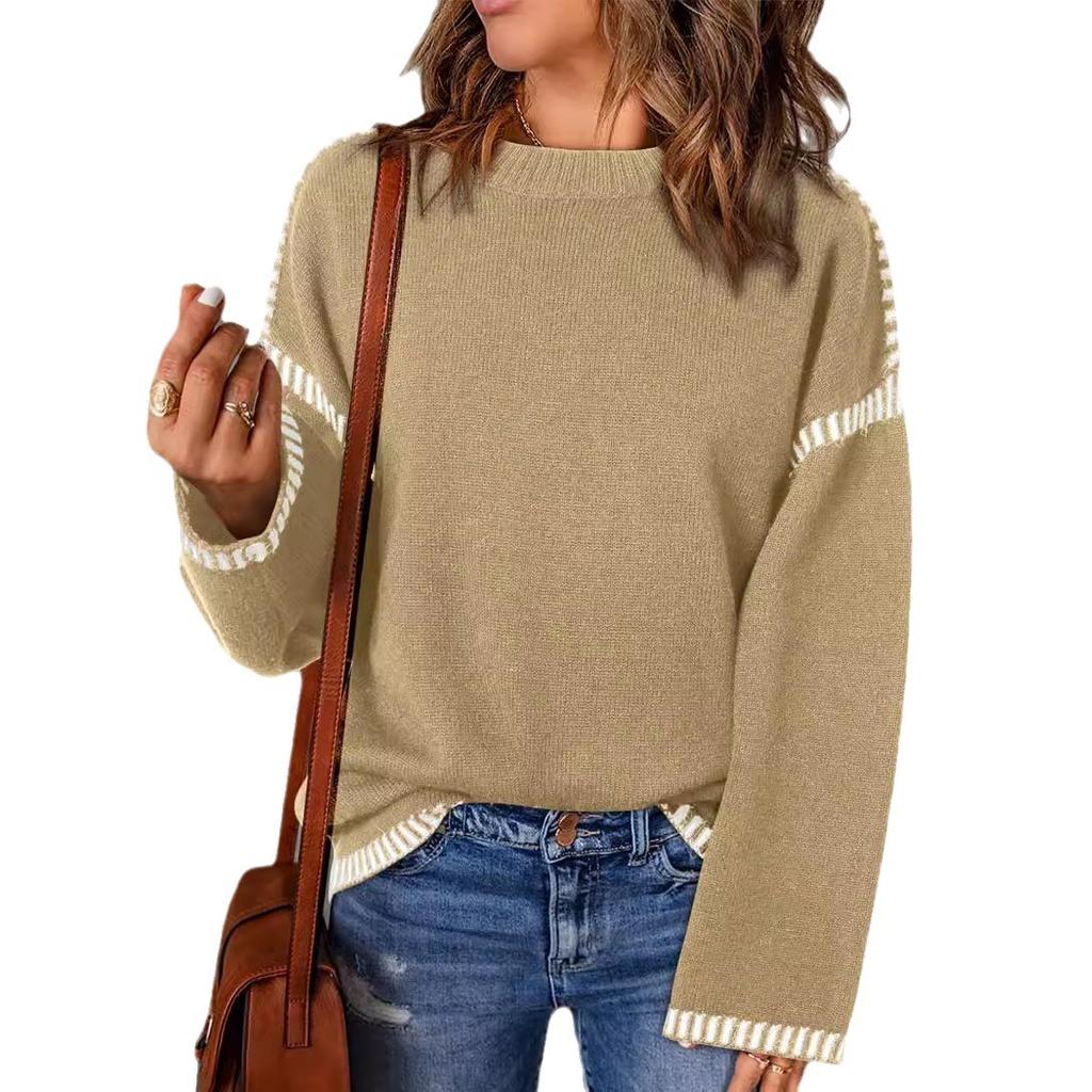 Women Sweater Elegant O-neck Long Sleeve Pollover Winter Patchwork Ladies Commuter Outwear
