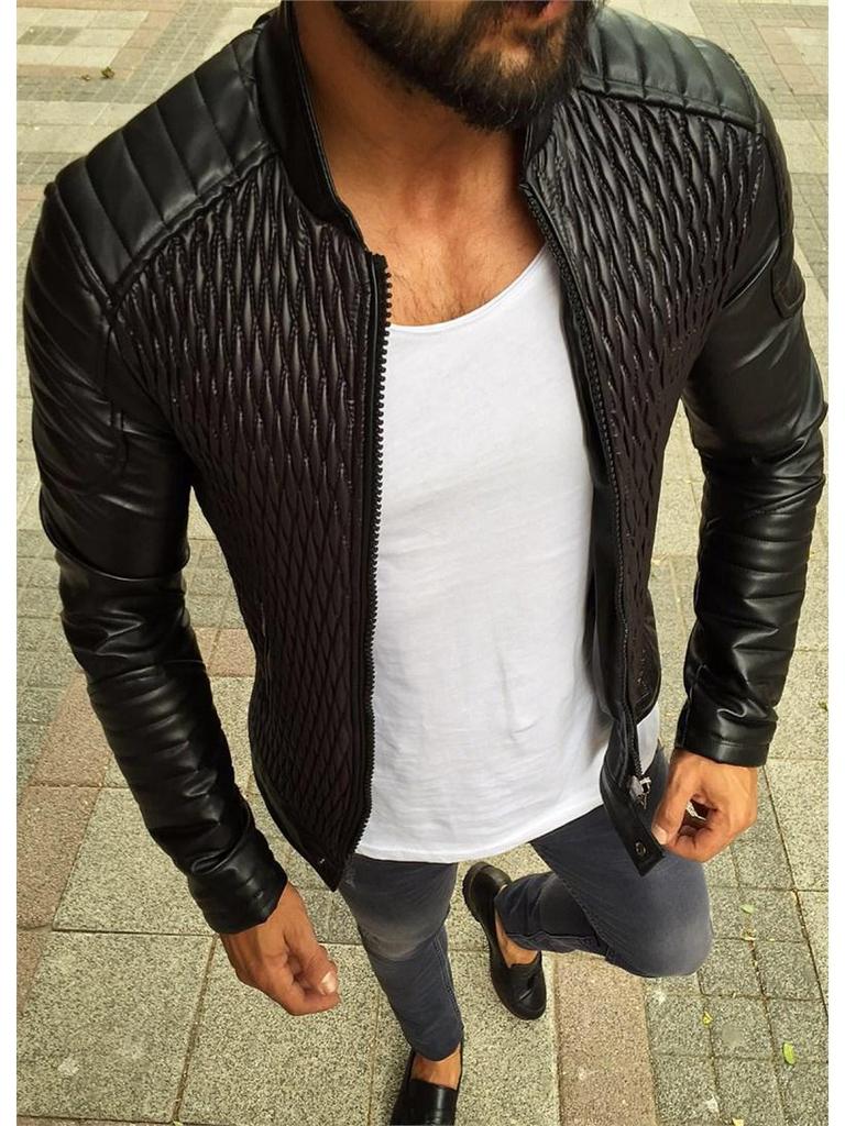 Мужская кожаная куртка на молнии со стойкой - Однотонная, повседневный европейский и американский стиль для осени/зимы 2023