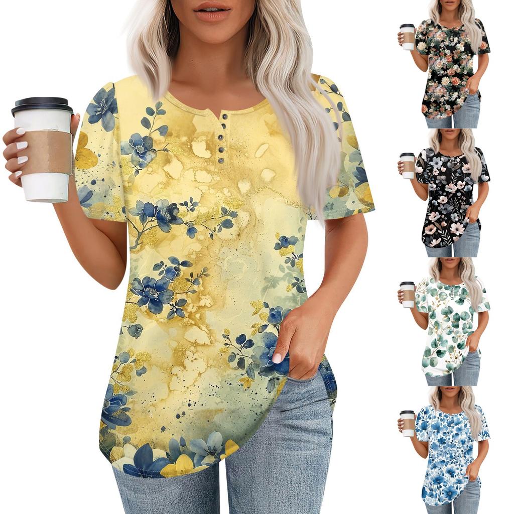 Женский модный повседневный короткий рукав пуловер с принтом на пуговицах и круглым вырезом