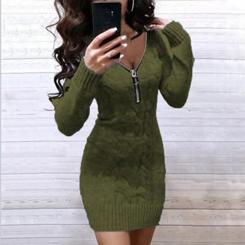 Womens Oversized V-Neck Knit Sweater Dress Long Sleeve Mid-Length Zipper Front Casual Workwear