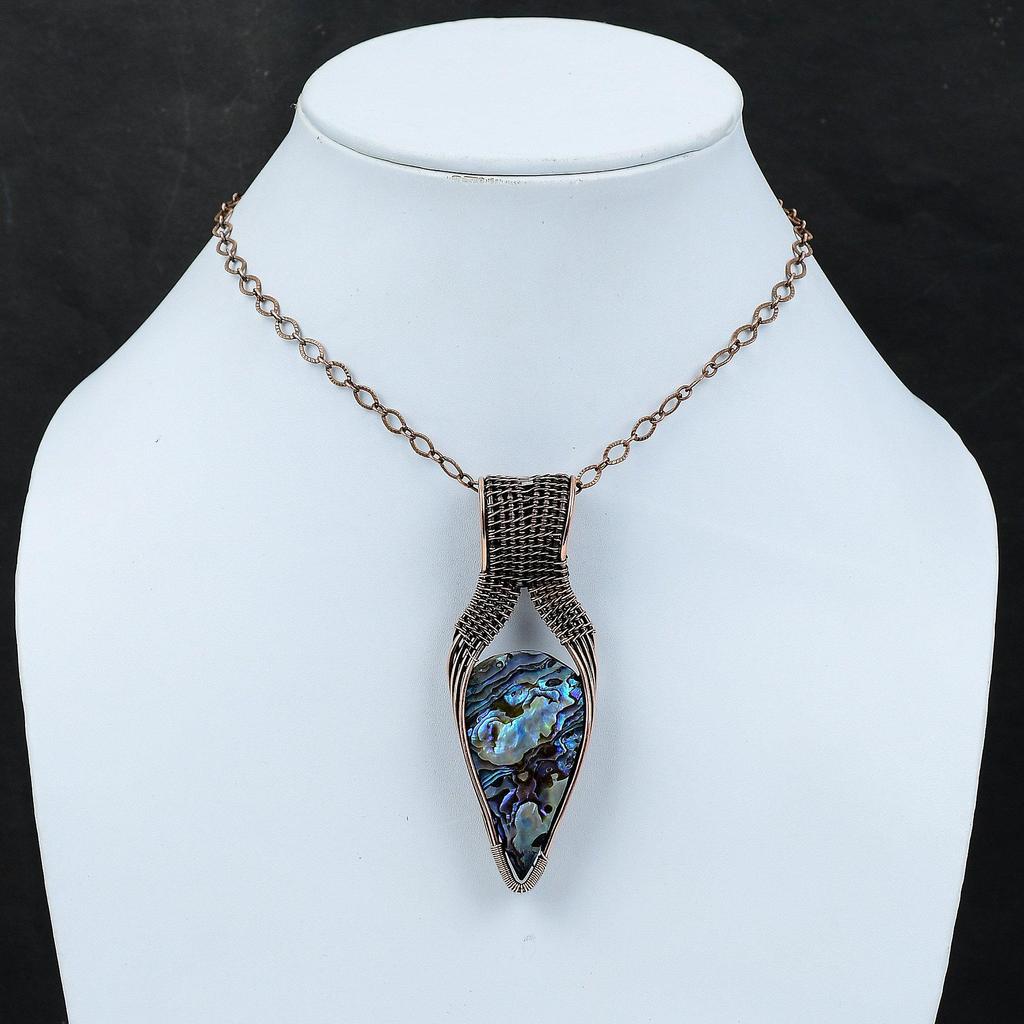 Подвеска из ракушки абалон, подвеска из медной проволоки, драгоценный камень, кулон ручной работы, медные украшения, подарок для нее, украшения из проволоки, лечебный камень