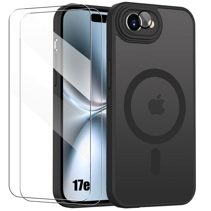 Coque Magnétique - BOOLING - pour iPhone 17e - avec Protection Caméra - Noir - 2 Verres Trempés