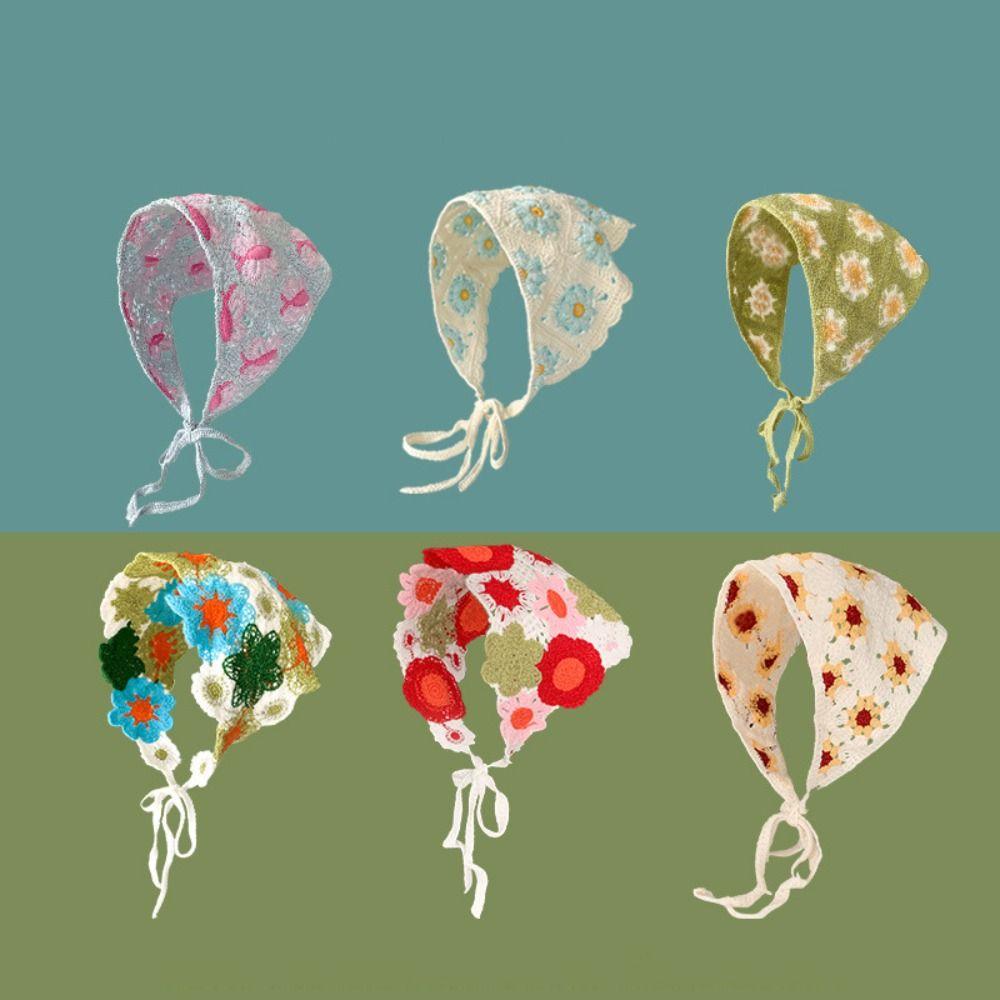 Вязаный Девочка Цветок Косынка Крючком Пляжный Отпуск Волосы Аксессуар Милая Треугольная Повязка на Голову