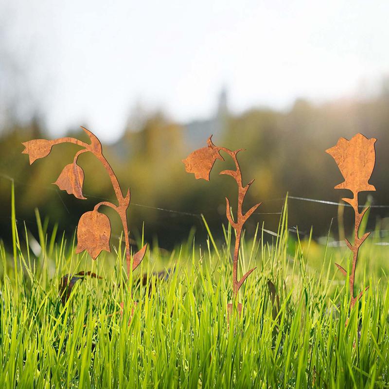 3pcs/set Metal Flower Stakes Rustic Rusty Bell Orchid For Yard Lawn Patio Iron Crafts Creative SL
