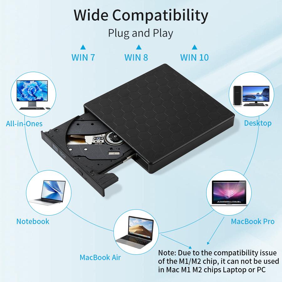 AMMTOO Внешний DVD-привод USB 3.0 Портативный +/-RW-плеер для записи компакт-дисков, совместимый с ноутбуком, настольным ПК Windows