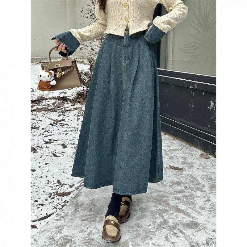 Женский шикарный джинсовый пэчворк комплект: Вязаный топ с длинным рукавом и миди-юбка с высокой талией