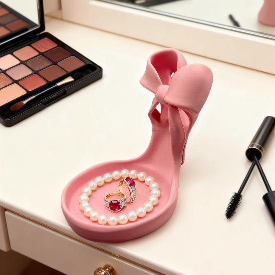 Розовая подставка для украшений в виде туфли-стилета, напечатанная на 3D-принтере, блюдо для украшений в виде туфли на высоком каблуке с бантом, держатель для женских колец и серег, подставка для демонстрации украшений для туалетного столика в спальне