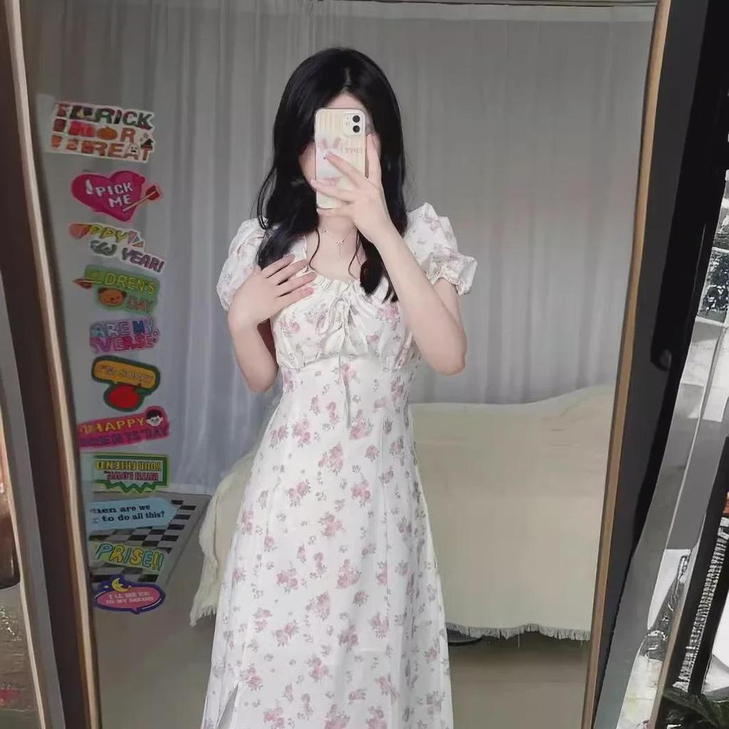 2024 Лето Французский Ретро Цветочный Буфы Рукава Шнуровка Талия Утягивающее Платье