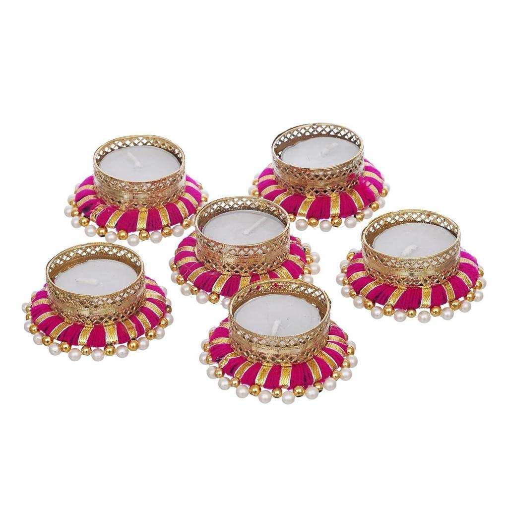 Set of 6 Pink & Golden Round Shaped Beaded Decorative Tea Light Candle Holders - Perfect for Diwali, Navratri, and Christmas Festivals