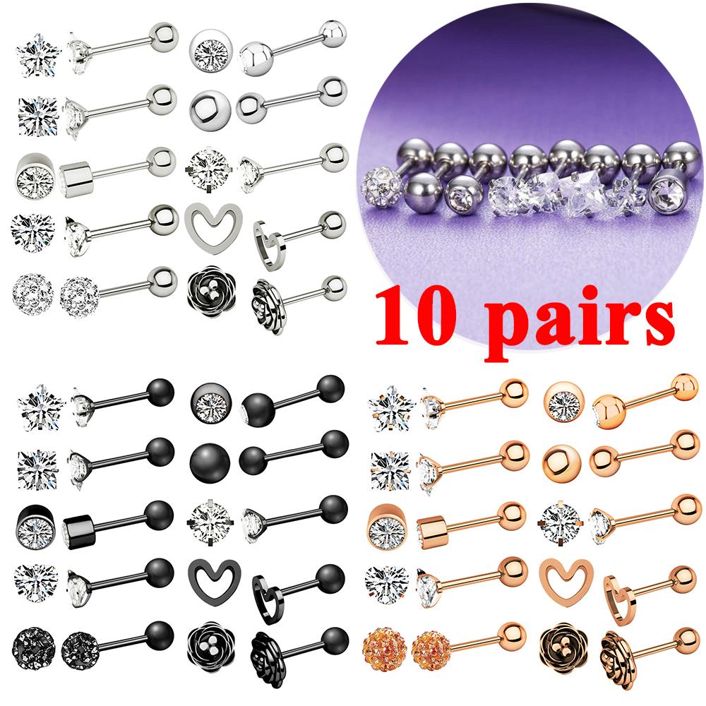 10 пар хрустальных лабретов, набор для пирсинга, цветочные сердечки, мини-серьги-гвоздики, набор для пирсинга козелка, раковины, спиральные кольца для носа