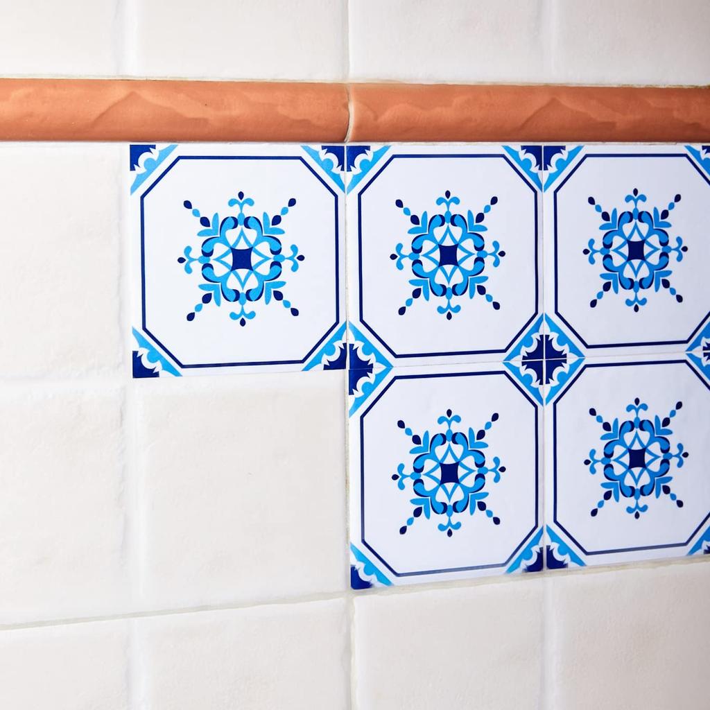Poromoro Portuguese Spanish Azulejo Tile Stickers Peel and Stick Kitchen Bathroom Mosaic Tile Stickers Set of 16 & (5.9, 70)