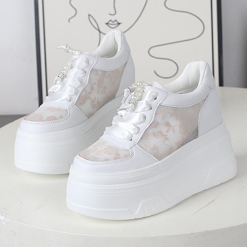 Мода 12 см Воздушная сетка Натуральная кожа Лофер Платформа Тапочки Удобные Массивные Кроссовки Полые Женские Сандалии Вулканизированная Летняя Обувь