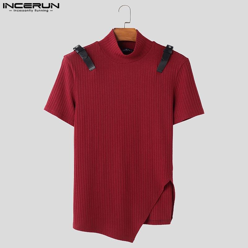 INCERUN Мужские водолазки с коротким рукавом в стиле пэчворк повседневные приталенные нестандартные футболки топы