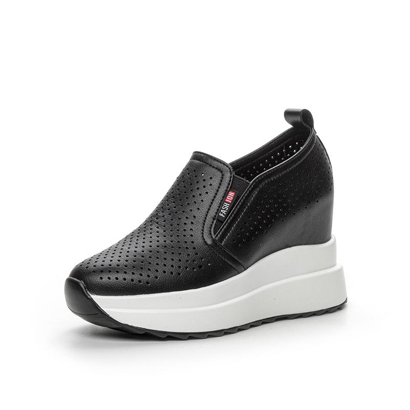 Весна Лето Танкетка Обувь Женские Модные Кроссовки Дышащая Натуральная Кожа Увеличивающие Рост 10см Черно Белые Туфли