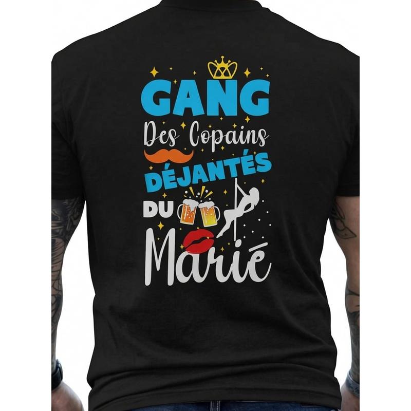 Men'S Funny French Gangster Bachelorette Party T-Shirt | Back Print "Gangsta'S In Love" Design With Champagne & French Text - Crew Neck Casual Shirt