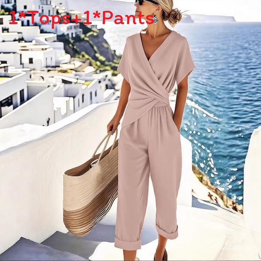 Summer Womens Pure Color Irregular Short Sleeve Suit With Pleated Pants For Casual Wear