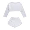 2 Pcs/Set Women Top Shorts Suit High Waist Shorts Hollow Out Loose Cropped Blouse Long Sleeves Solid Color Outfit for Sport Jogging Sleeping