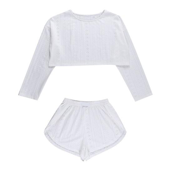 2 Pcs/Set Women Top Shorts Suit High Waist Shorts Hollow Out Loose Cropped Blouse Long Sleeves Solid Color Outfit for Sport Jogging Sleeping