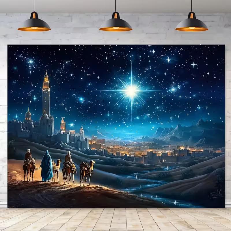 2D Three Kings Camel Journey Backdrop Cloth Starry Night Bethlehem Decor