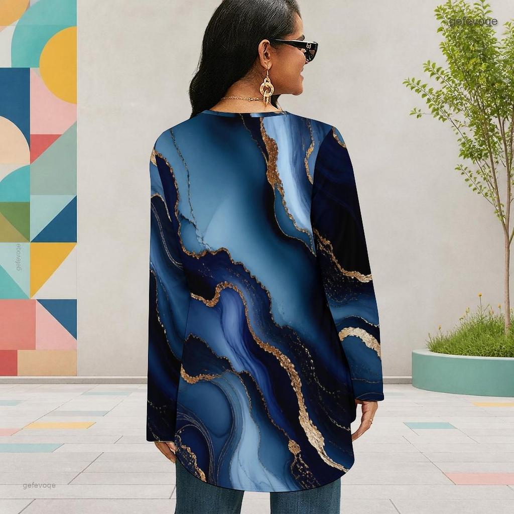Women Plus Size Round Neck Long Sleeve Colorful Striped Printed Cyan Loose Blouse High Low Hem