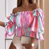Многослойный топ с открытыми плечами, красочная плиссированная женская рубашка с расклешенными рукавами